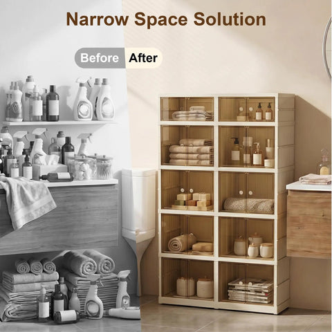 Before and after image of Extra Large White Plastic Collapsible Storage Bins With Tight Lids Five Tier Modular Drawer Cabinet in use.