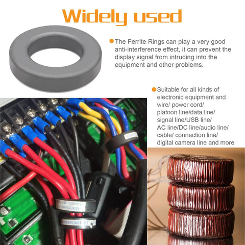 61mm Ferrite Toroid Core Pack For Ham Radio Gear, 2 Pieces, shown with wiring and applications, enhancing signal integrity.