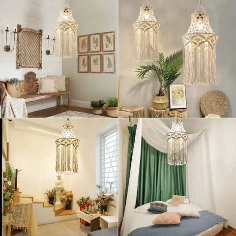 Cozy Boho Plug In Pendant Light With Handmade Macrame Shade 15 Foot Hanging Cord LED Bulb in various room settings
