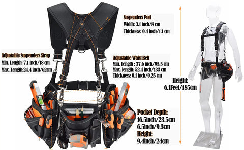 Tool Belt With Suspenders For Construction Pros Framer And Carpenter Pouch System With EVA Padding displayed with measurements