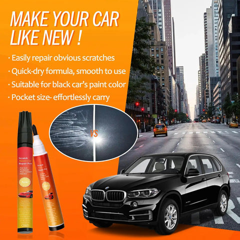 Black Car Scratch Repair Pen Kit 2 Pack, Quick Fix For Scratches And Paint Damage, displayed with black car and city backdrop