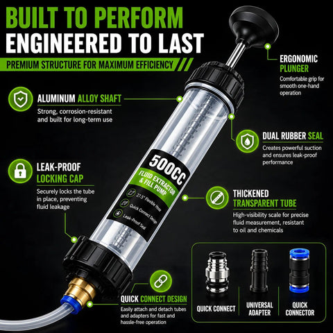 Heavy Duty 500CC Fluid Extractor Pump With Dual Hoses For Quick Oil And Transmission Swap, features aluminum alloy shaft and transparent tube.