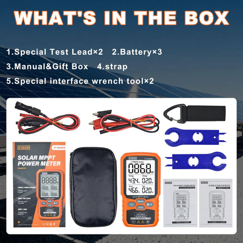 What's in the box of No Nonsense Solar Panel Tester Meter Gauges Voc And Isc Up To 2000W with accessories and tools.