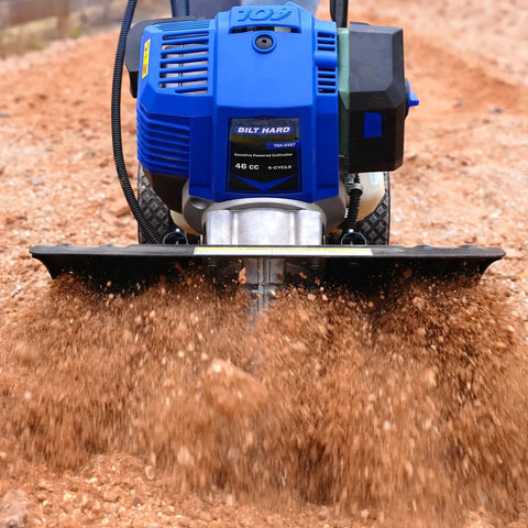 46Cc Four Cycle Gas Powered Rototiller Cultivator with 16 Inch Heavy Duty Steel Tines working on soil, blue finish visible