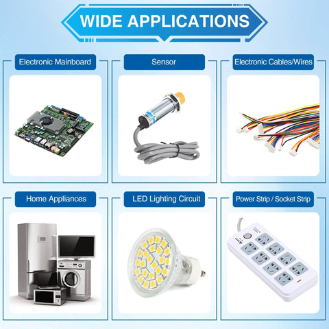 Wide applications of Pro Grade Fast Dry Clear Silicone Conformal Coating for electronics, sensors, cables, appliances, LED circuits.