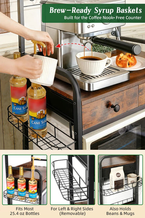 Rolling Coffee Bar Cart On Wheels For Small Spaces With 5-Tier Storage, Syrup Rack and Tea Pod Drawer with cups and bottles.
