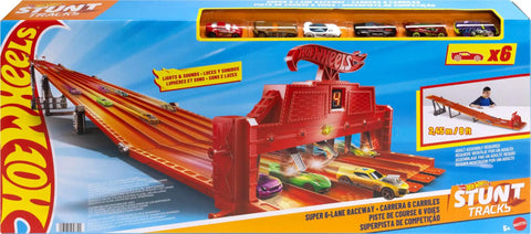 Packaging of Six Car Super 6 Lane Raceway With 8 Foot Roll Up Track, Realistic Lights And Sounds, Includes Six 1 64 Scale Vehicles
