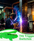 Touch Finger Button For Welding With Ergonomic Grip And Quick Release On Off Control in fabrication shop setting.