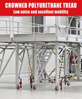 Six Inch Heavy Duty Industrial Casters Featuring Crowned Red Polyurethane Treads And Rock Solid Cast Iron Cores rolling on a mobile platform.