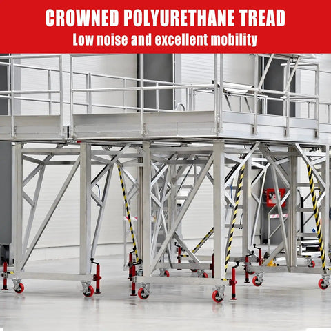 Six Inch Heavy Duty Industrial Casters Featuring Crowned Red Polyurethane Treads And Rock Solid Cast Iron Cores rolling on a mobile platform.