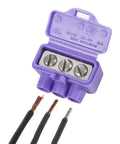 AlumiConn Wire Connectors 2500 Pack Purple Electrical Aluminum Copper Wiring Repair Kit showing three terminals and copper wires