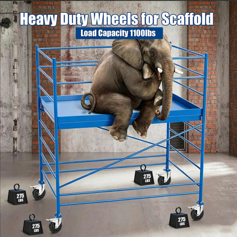 Set Of Four Five Inch Scaffolding Caster Wheels Smooth Rolling Elastic Rubber Tires Square Stem Fits One Point Two Five Inch Steel Pipe with an elephant on scaffold.