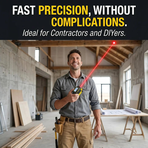 2 In 1 Laser Tape Measure With 130 Ft Digital Laser And 16 Ft Manual Tape, Magnetic Hook, Pythagorean Calculations, Area And Volume, LCD Screen, Inch Metric Ft Unit For Builders, Carpenters, And DIY Woodworking Pros in use at a construction site