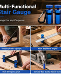 Tall Stair Gauge Block For Framing And Speed Squares With Locking Hook Attachment Dead On Carpenter Layout Guide Sweet Anodized Aluminum Craftsmanship To Nail Perfect Stringer Angles For Pro Builds Red, shown in use for marking angles.