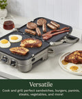 Top Notch Cuisinart 5 In 1 Griddler Indoor Grill Panini Press And Sandwich Maker With Dishwasher Safe Nonstick Cooking Plates Stainless Steel Finish showcasing eggs, bread, and meats on grill.