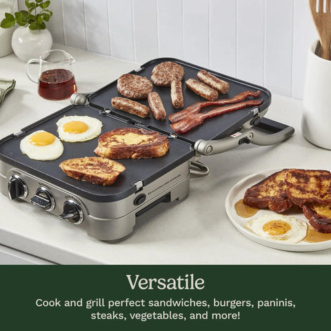 Top Notch Cuisinart 5 In 1 Griddler Indoor Grill Panini Press And Sandwich Maker With Dishwasher Safe Nonstick Cooking Plates Stainless Steel Finish showcasing eggs, bread, and meats on grill.