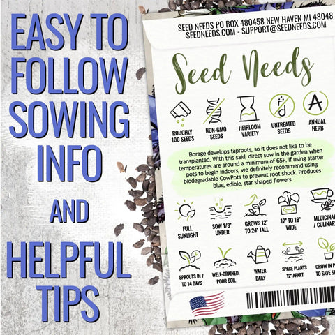 Borage Seeds For Planting Blue And White Star Flowers Non GMO Heirloom And Untreated Garden Seeds packet with sowing info.