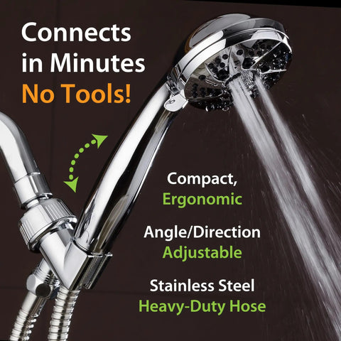 High Pressure Six Setting Handheld Showerhead With Hose 3.5 Inch Chrome Face For A Powerful Rinse connected in minutes