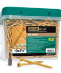 Pro Grade 10 Gauge Deck Screws Two Point Five Inch Long Self Drilling Epoxy Coated Fasteners For Pressure Treated Lumber And Outdoor Decking Big Box Value Pack Of 1825 Tan Pieces Quick Install Design in clear plastic bin.