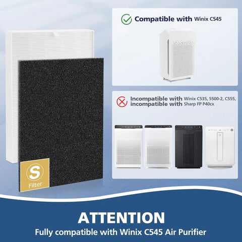 C545 HEPA Replacement Filter S for Air Purifier displayed with compatibility and incompatibility information.