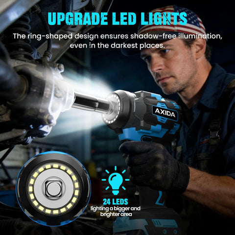 Cordless Impact Wrench Brushless Motor Brings Badass 480 Ft Lbs Torque And 3500 Rpm Speed With A Tough 1/2 Inch Drive illuminated by 24 LEDs.