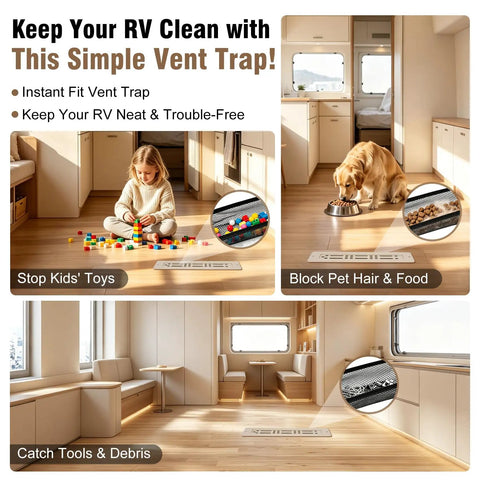 Beefy Rugged Aluminum RV Floor Vent Cover Kit 2x10 Magnetic Removable Floor Register Trap in RV interior.