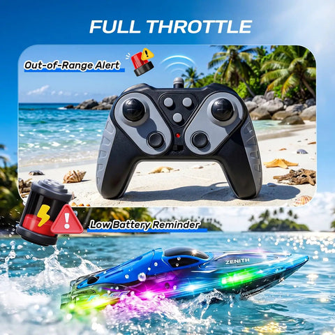Remote Control Boat With LED Lights For Kids And Adults with controller and LED-lit speed boat on beach and water background