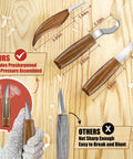 Beginner Friendly Wood Carving Set With 17 Tools Includes 3 Whittling Knives, handles, and sharp stainless steel blades on wood surface.