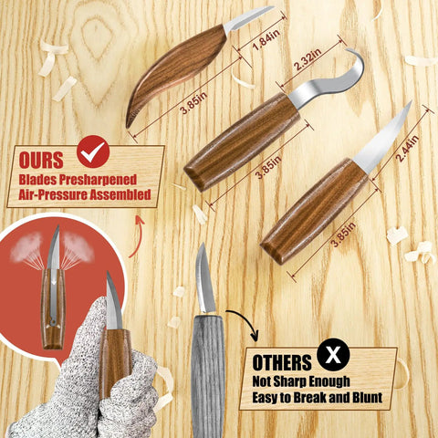 Beginner Friendly Wood Carving Set With 17 Tools Includes 3 Whittling Knives, handles, and sharp stainless steel blades on wood surface.