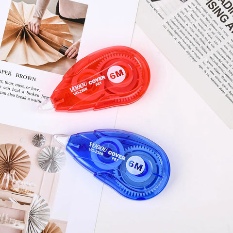 Red and blue applicators of White Correction Tape For Instant Corrections, Easy To Use Applicator For Left Or Right Hand, 6 meters