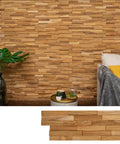 Modern room with Dope 3D Teak Wood Wall Panels Set Of 10 Handmade Planks For Modern Wall Decor, showcasing natural teak finish.