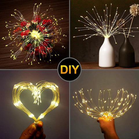 Lit 200 LED Copper Wire Starburst Fairy Lights With Remote Battery Operated Warm White 8 Modes Hanging Sphere Ceiling Decor For Bedroom Christmas Party 2 Pack, styled around vases and shaped into a heart.