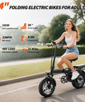 Woman riding a compact foldable 14 inch electric bike for adults with 500W motor, 23 MPH top speed, 35 mile range