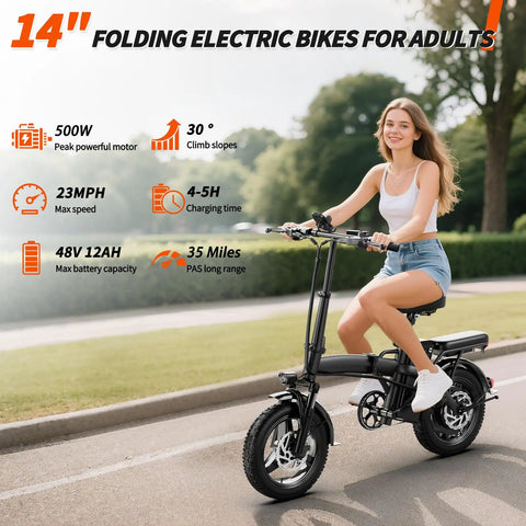 Woman riding a compact foldable 14 inch electric bike for adults with 500W motor, 23 MPH top speed, 35 mile range