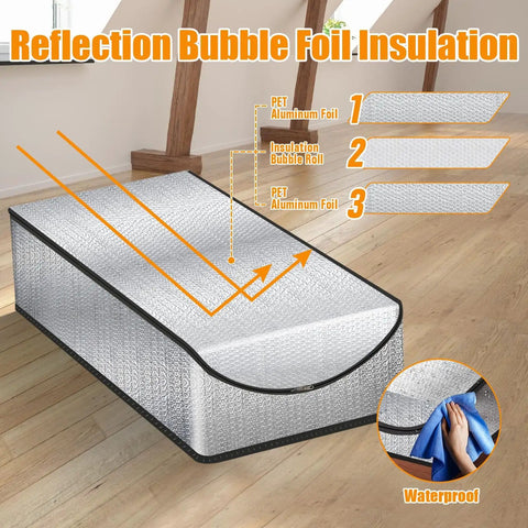 Energy Saving Attic Door Insulation Cover For Pull Down Stairs 54x25x11 Double Bubble Reflective Attic Tent shown in living space