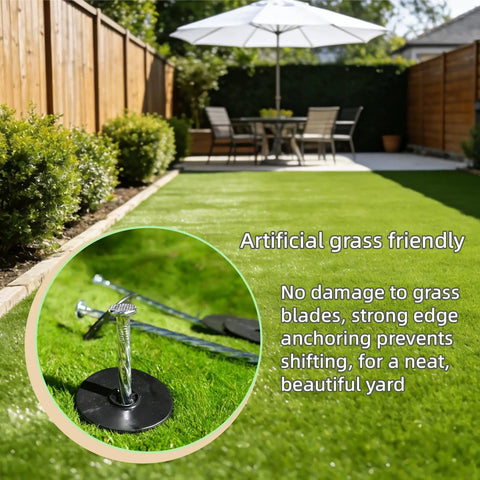Heavy Duty 12 Inch Galvanized Landscape Stakes With Gasket Caps, 50 Sets Spiral Garden Spikes Kit For Securing Weed Barrier Fabric, Artificial Turf, Landscape Edging, Tents And More in use on artificial grass.