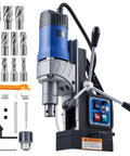 Zelcan 1550W Magnetic Drill Press With 2 Inch Boring Dia And 11 Core Bits features stepless speed control and powerful magnet.