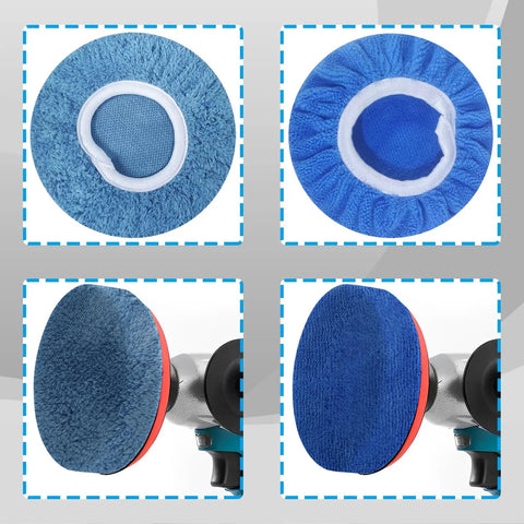 12 Piece Buffing Bonnets Kit For 9 To 10 Inch Orbital Buffer Polisher showing soft blue microfiber bonnets for auto detailing