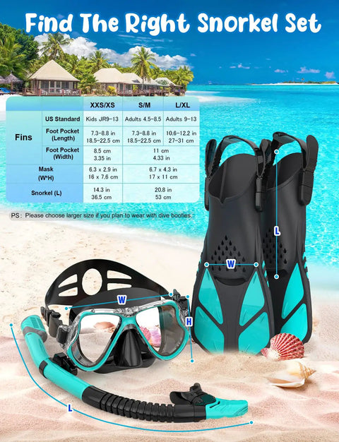 All In One Snorkel Set With Panoramic Mask And Dry Top Snorkel Grab And Go Adjustable Fins And Travel Bag For Adults shown on beach