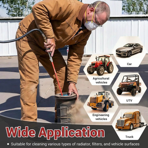 Man using Beefy Flat Tight Space Radiator Cleaning Wand, heavy-duty 24-inch tool on vehicle filter at construction site.