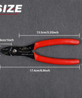 Heavy Duty 4 In 1 Electrician Pliers With Built In Wire Stripper Crimper And Cutter 7 Inch Compact Reach, size details on grey background.