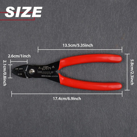 Heavy Duty 4 In 1 Electrician Pliers With Built In Wire Stripper Crimper And Cutter 7 Inch Compact Reach, size details on grey background.