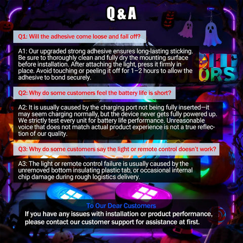 Q&A section about Rechargeable Interior Car LED Lights Kit with 8 Color Modes, showcasing common installation and usage queries.