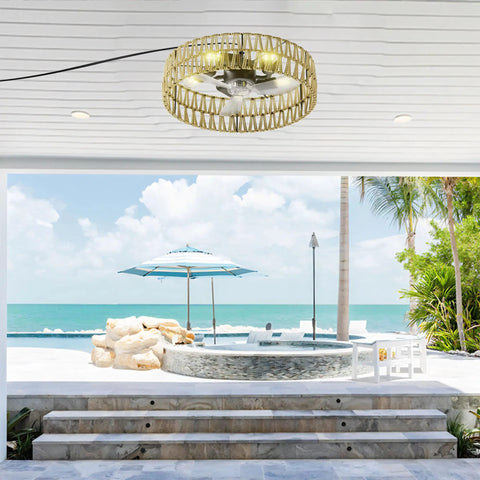 Geelife 3 Pc Ceiling Fan with Remote Control Low Profile Flush Mount, White in a coastal outdoor setting.