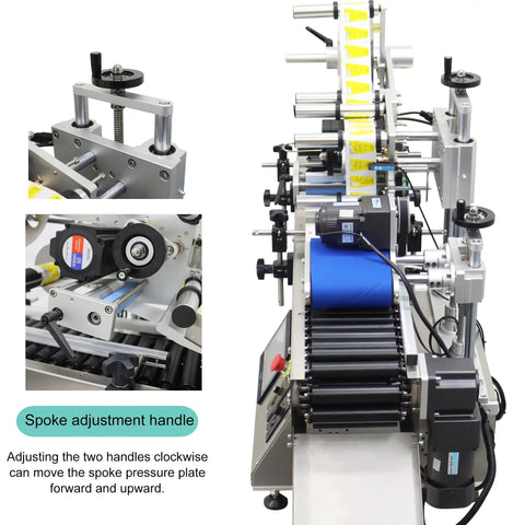Heavy Duty Round Bottle Labeling Machine Horizontal Desktop Conveyor System 110V with spoke adjustment handle and conveyor belt.