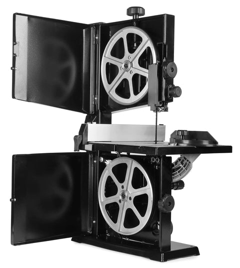 Beast 9-Inch Benchtop Band Saw With 2.8 Amp Motor, inner mechanism view with open doors, shows 59-1/2-inch blade fitting.