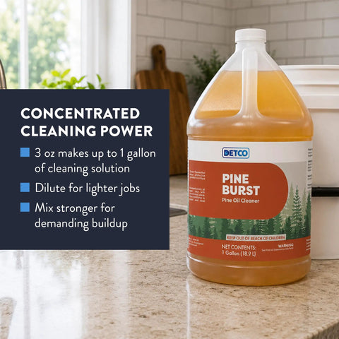 Top Shelf Pine Burst Multi Surface Cleaner in a gallon jug on a kitchen counter demonstrating concentrated cleaning power.