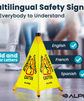 Built Tough Wet Floor Signs 3 Pack Pop Up Slippery When Wet Caution Stand With Wall Mount Holder 20 Inch Waterproof Poly Fabric OSHA Compliant Safety Warning For Shop And Office multilingual safety sign in English, French, Spanish on a yellow folding stand.