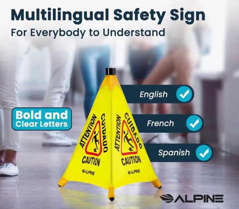 Built Tough Wet Floor Signs 3 Pack Pop Up Slippery When Wet Caution Stand With Wall Mount Holder 20 Inch Waterproof Poly Fabric OSHA Compliant Safety Warning For Shop And Office multilingual safety sign in English, French, Spanish on a yellow folding stand.