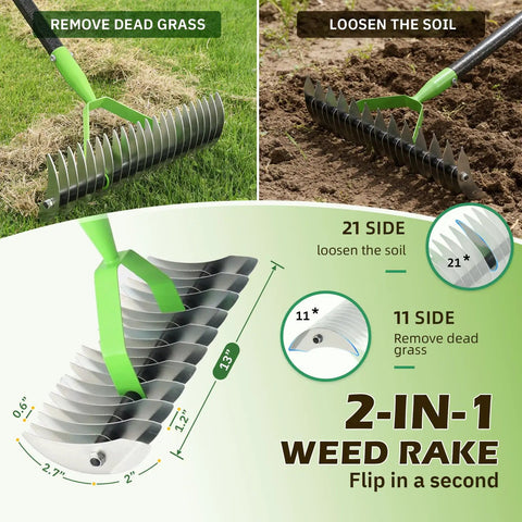 Dual Action Dethatcher Rake With 21 Tines And Adjustable Long Handle From 40 To 70 Inches showing 21 tines loosening soil